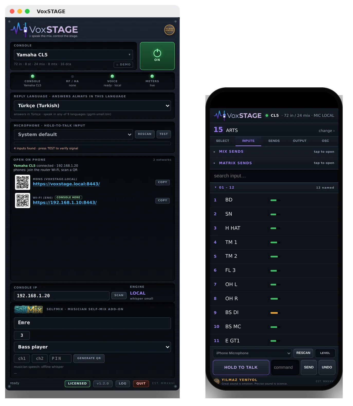 VoxStage panel on the Mac and the same control on a phone